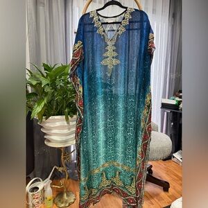 Soft Surroundings Navy and Teal Floral Rayon Kaftan.
